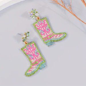 NEW Pink Enamel Crystal Pave Cowboy Boot Drop Earrings Pierced Cowgirl Western